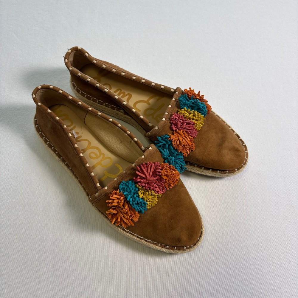Sam Edelman Espadrille Flats 9 Brown Suede Multi Pom Pom Boho Summer.
